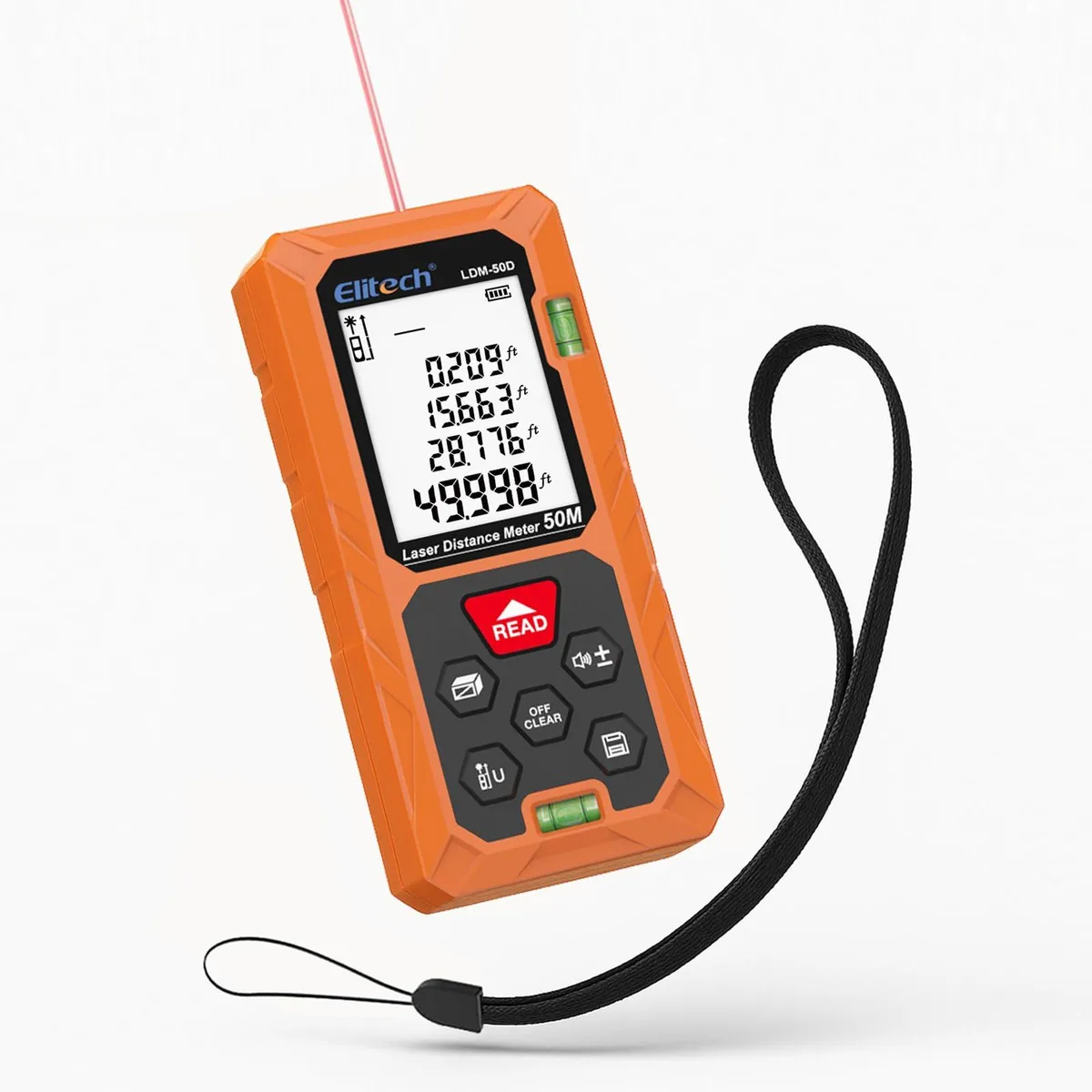 Blue laser distance meter with backlit LCD and hand strap