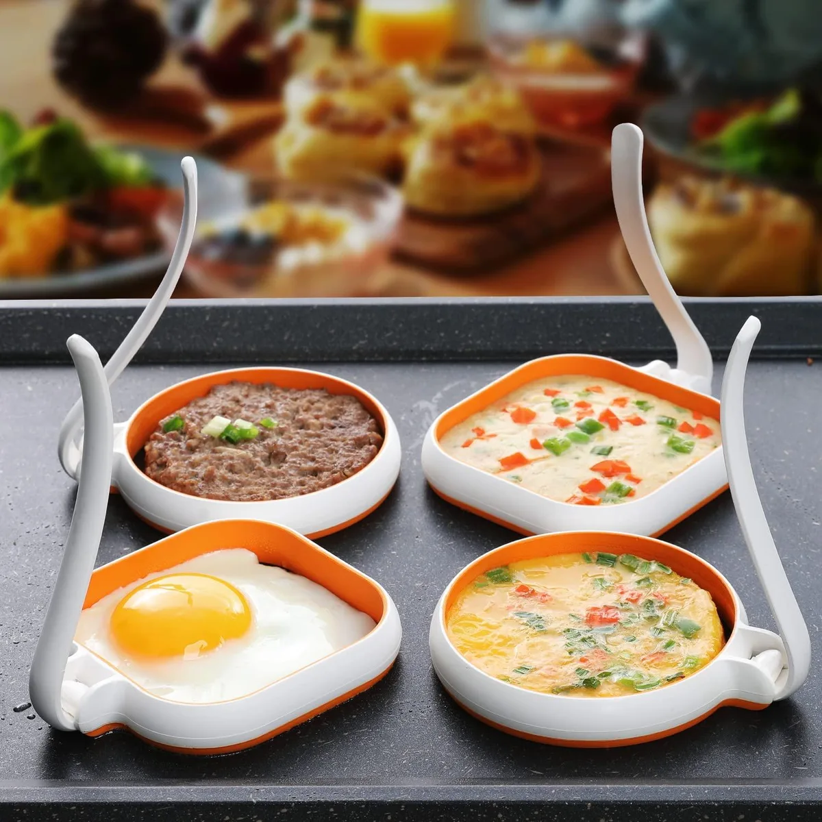 Four silicone egg rings, two round two square, food grade heat resistant up to 400°F