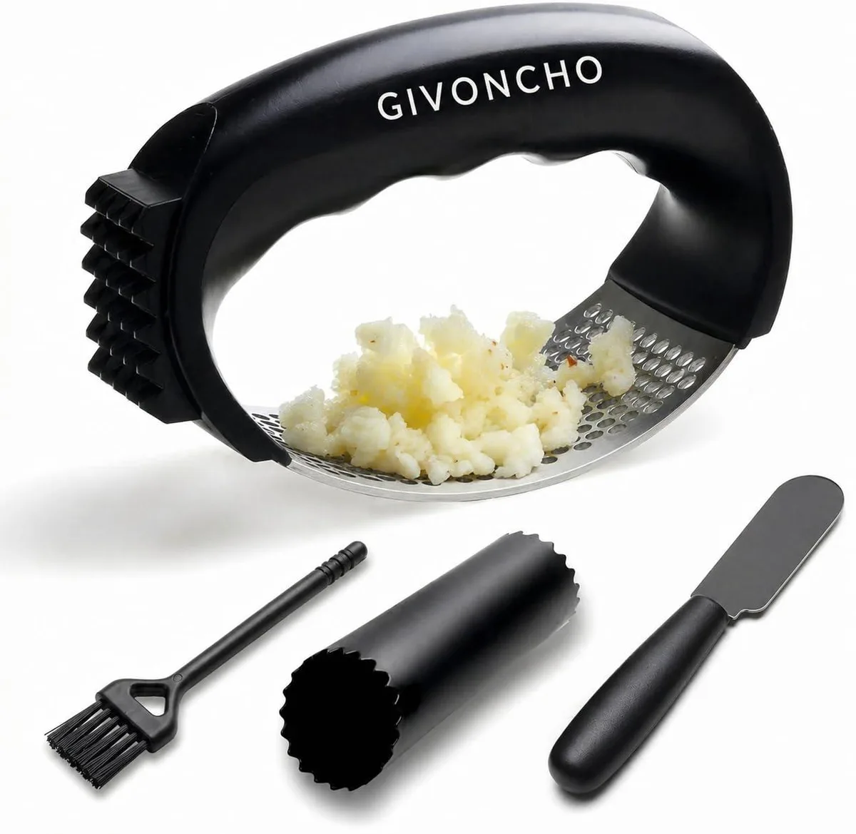 Stainless steel garlic rocker grinder with peeler tube, brush and spatula
