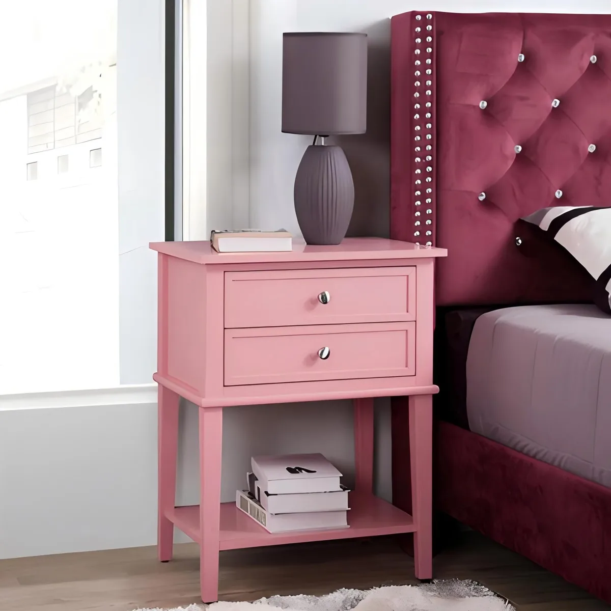 Rectangular pink particle-board nightstand with open shelf, 22W 16D 28H
