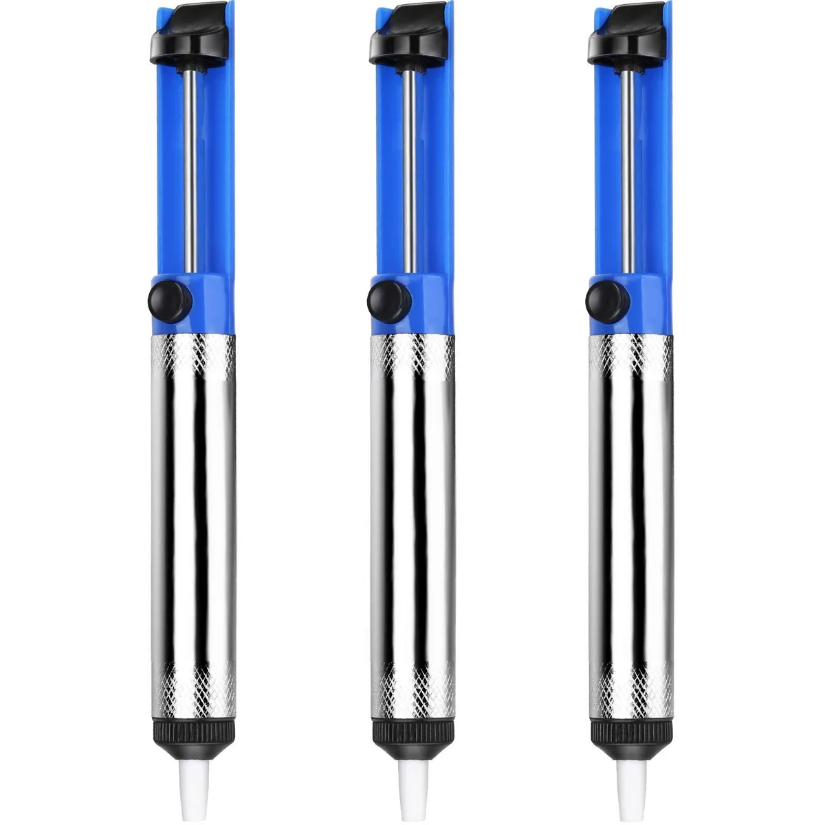 Three silver desoldering pumps with black triggers and nozzles, plastic bodies, pen-style form factor