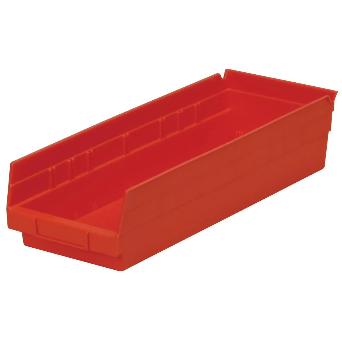 Red plastic shelf storage bin with molded-in label area and hangable design