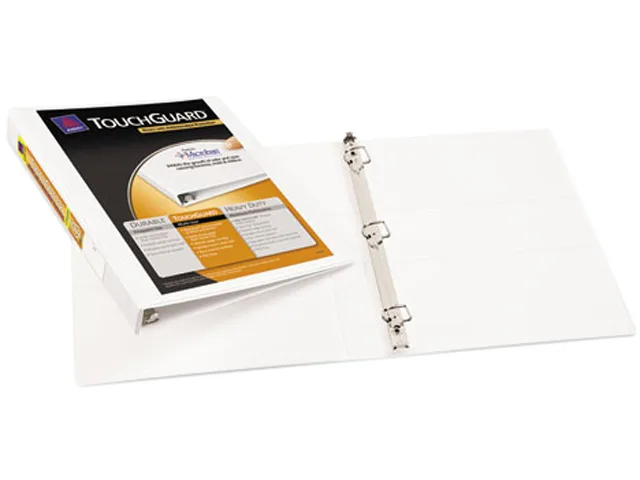 White antimicrobial view binder with slant rings and clear overlay pockets
