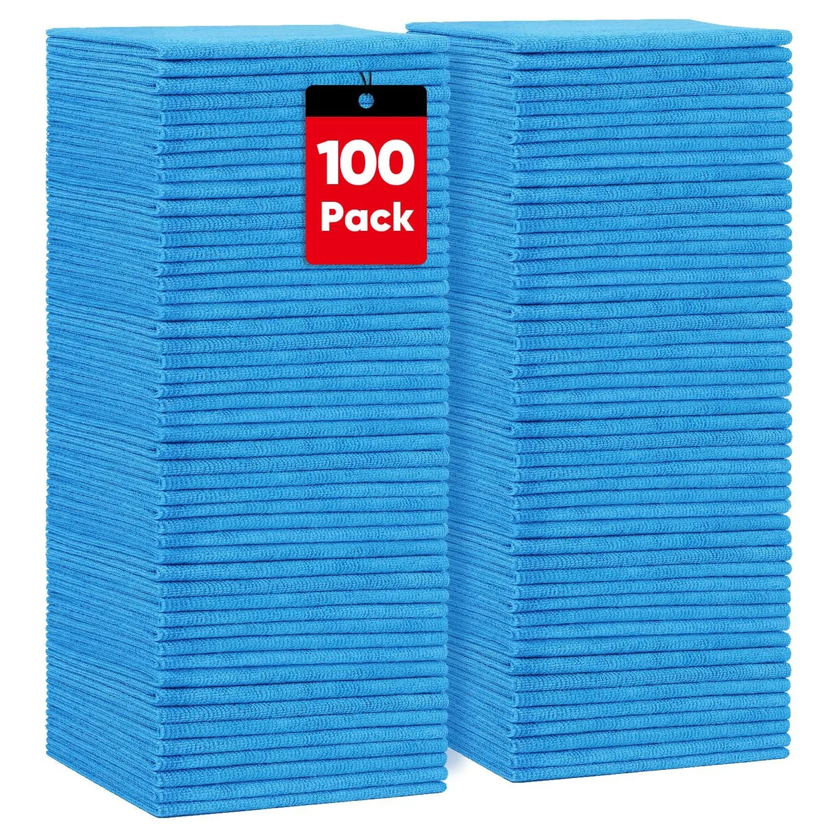 Stack of 100 square blue microfiber cloths, 11.5 inches each, lint-free finish