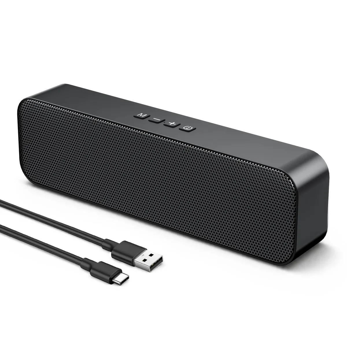 Compact black USB-powered soundbar with Bluetooth 5.3 and 3.5 mm AUX input, 120 x 120 x 25 mm, 10 W stereo output