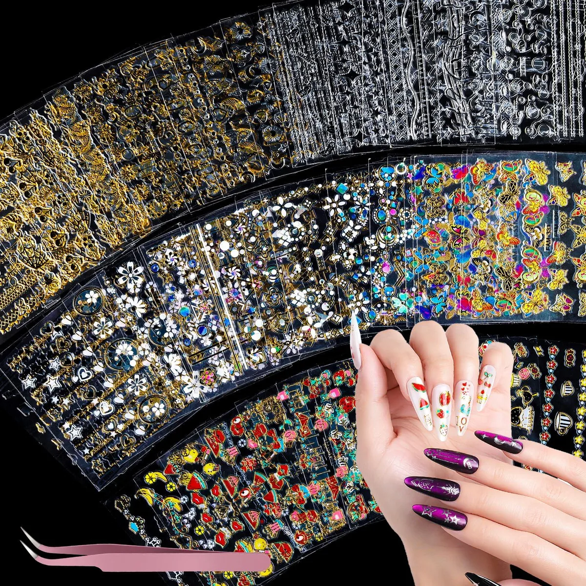 Teenitor 50 Sheets Nail Stickers Gold Silver Fruit Butterfly Adhesive — product photo