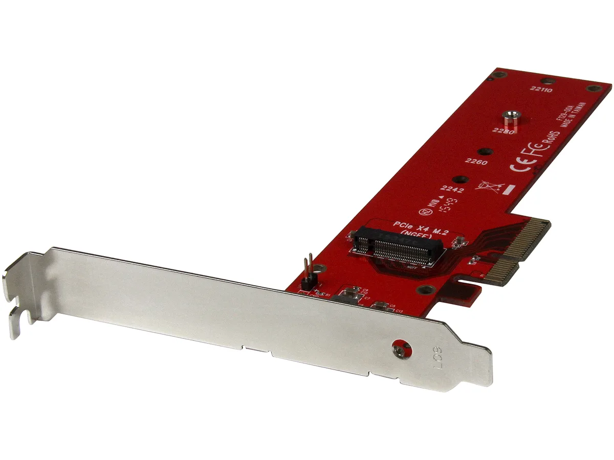 Red PCIe x4 expansion card with M.2 M-key slot and two metal brackets