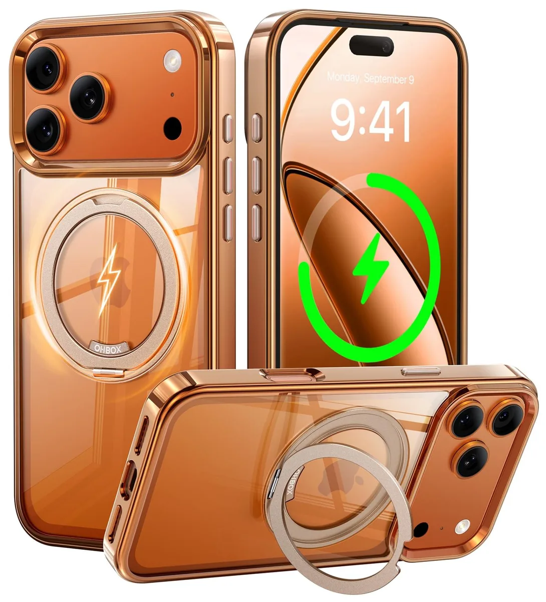Rose gold iPhone 17 Pro Max case with integrated magnetic stand, translucent PVD finish