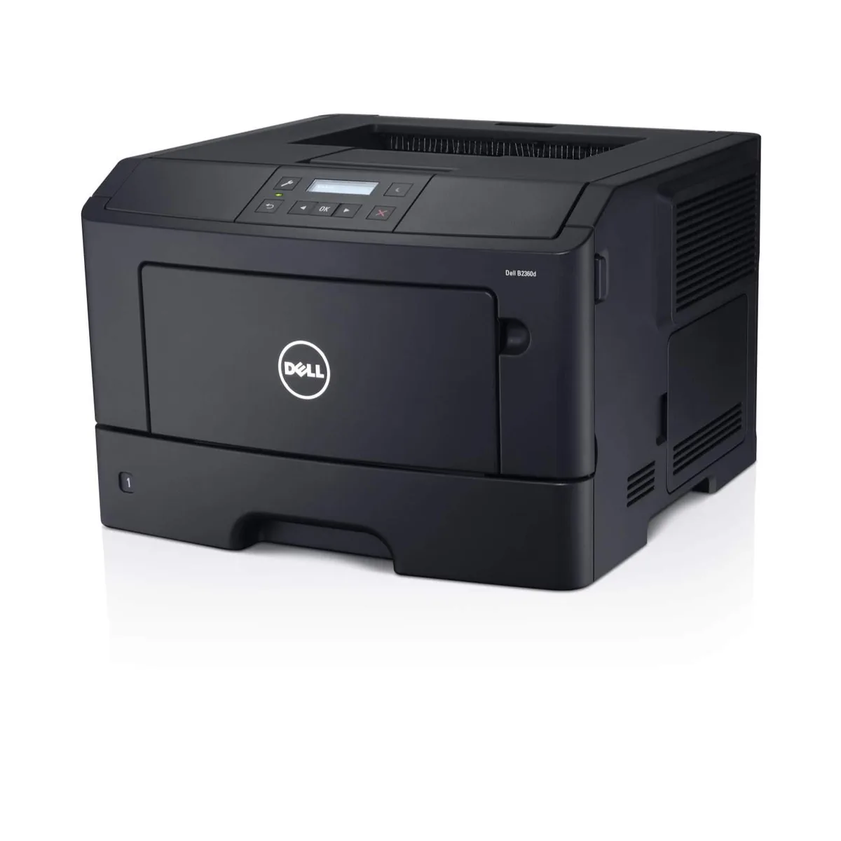 Rectangular white office laser printer with front paper tray and control panel