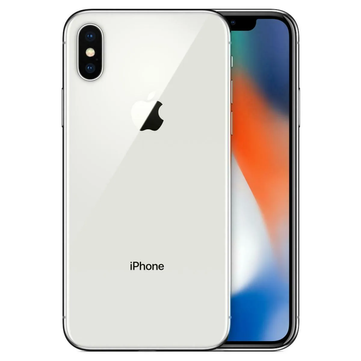 Silver rectangular smartphone with glass front and back, rounded corners, notch at top, vertical dual camera on rear