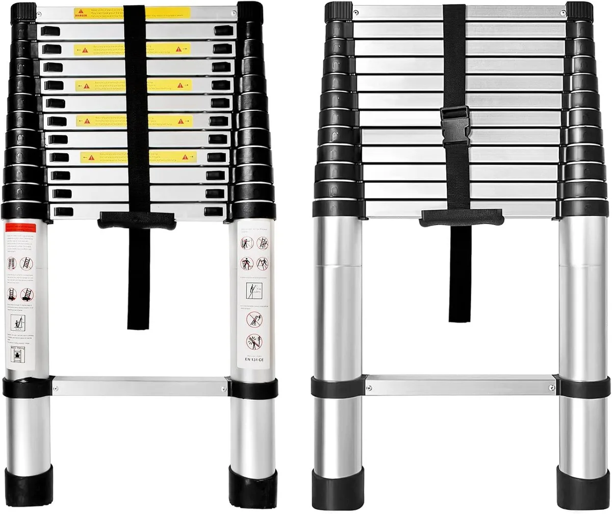 Silver aluminium telescoping ladder extended to full length with black non-slip feet