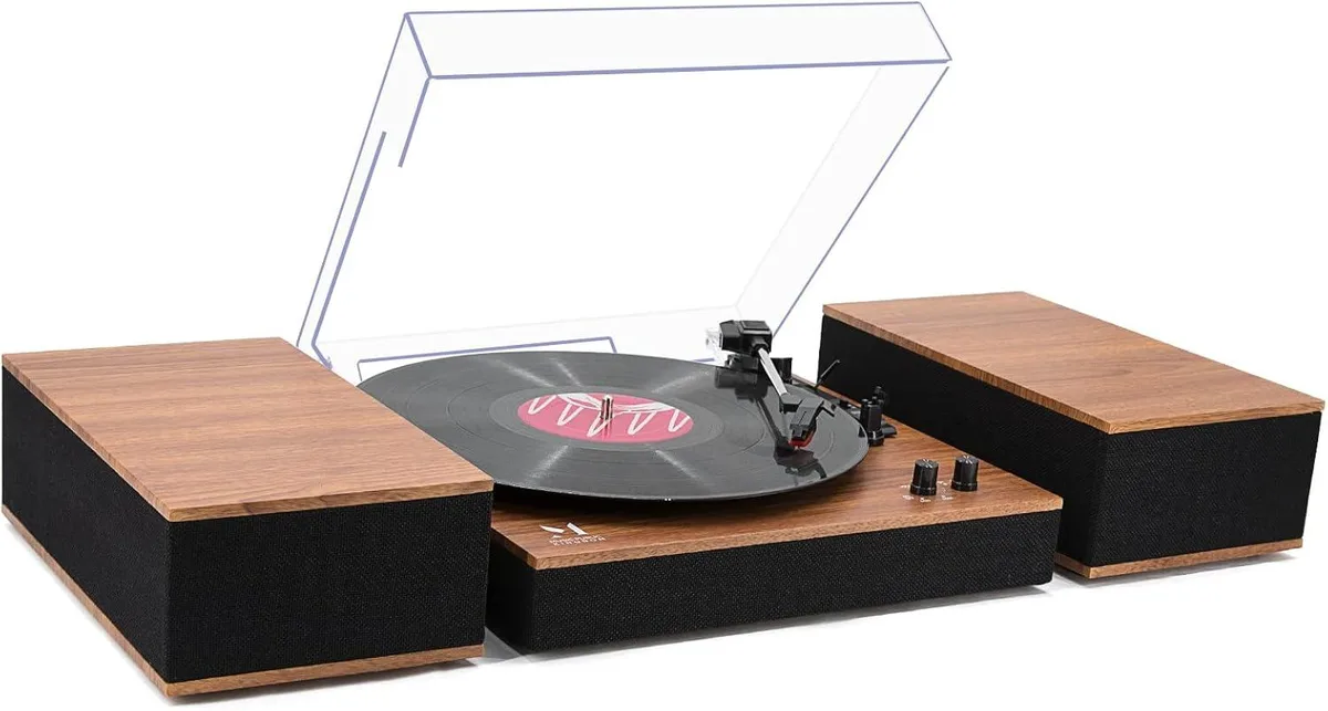 Yellow wood turntable with built-in speakers and black fabric trim