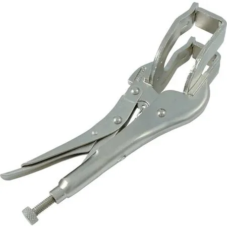 Nine-inch locking welding clamp with adjustable thumbscrew and release lever, metallic finish
