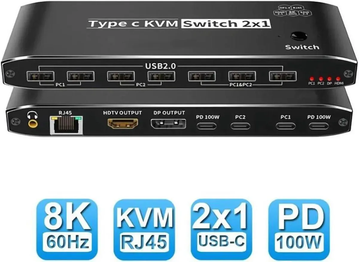 Vszerda Vszerda 2x1 USB-C KVM Switch 8K 60Hz 4K 144Hz 100W PD RJ45 7x USB 2.0 — product photo