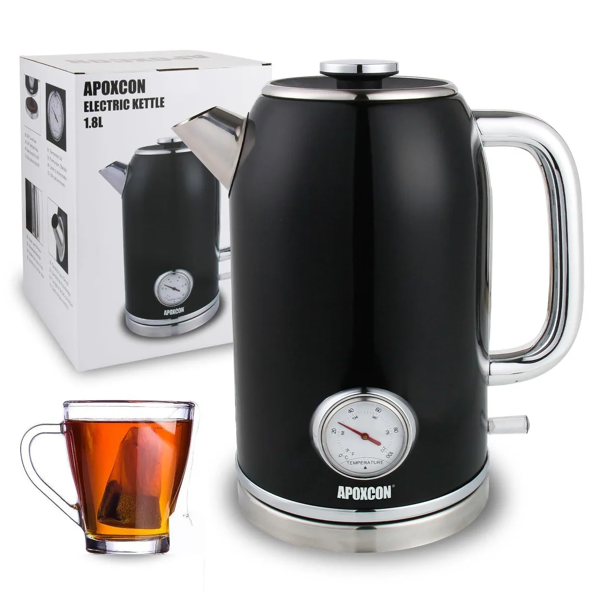 Black retro electric kettle with built-in thermometer, stainless steel body, cordless base, 1.8L capacity