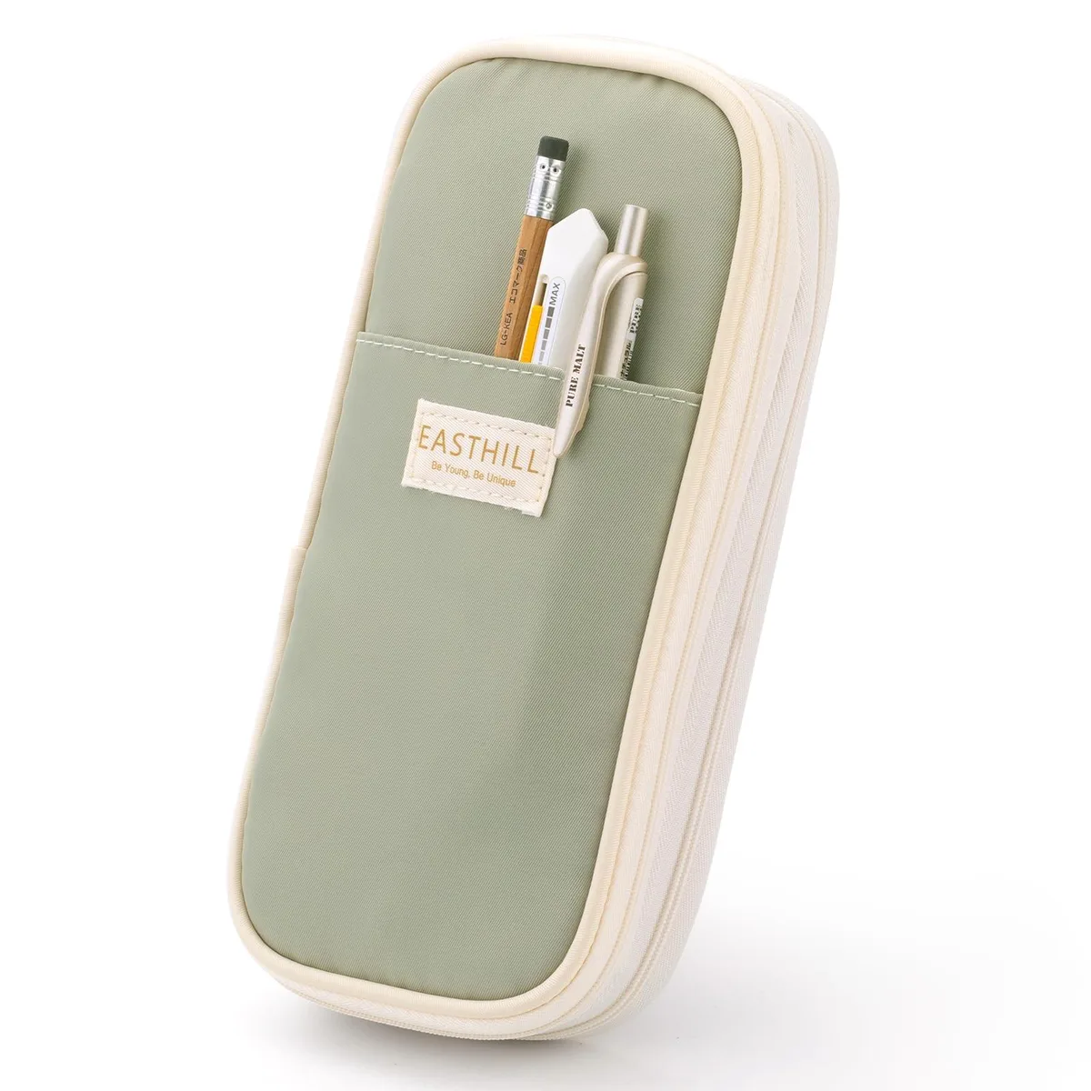 Green polyester pen bag, 13 inch, solid finish, rectangular shape with zip closure