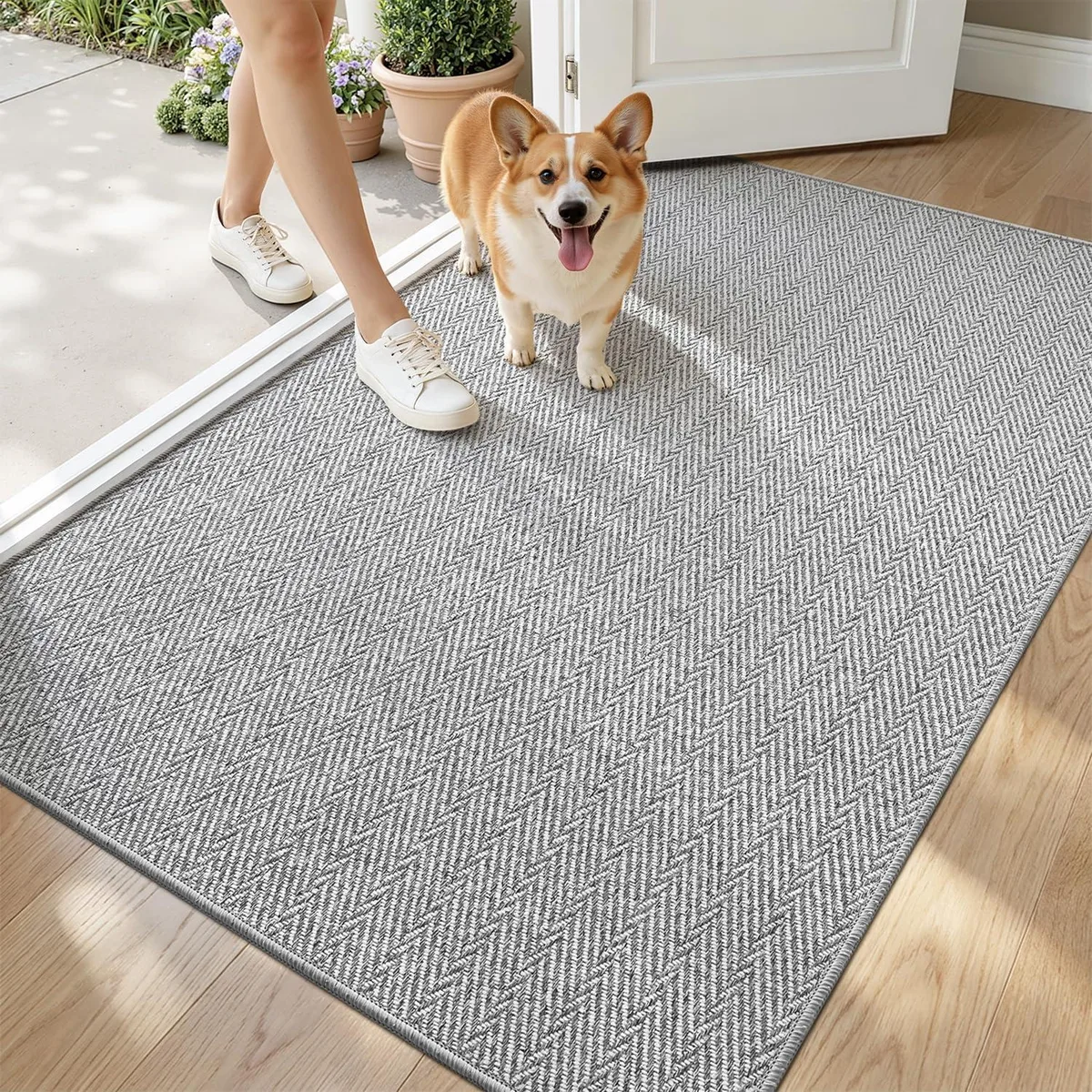 Rectangular bamboo door mat in grey herringbone pattern, low profile with rubber backing