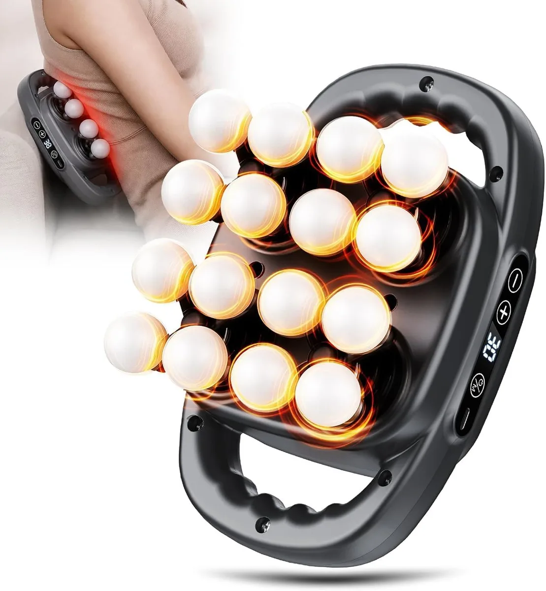 Dark gray handheld percussion massager with 16 interchangeable heads and integrated handle