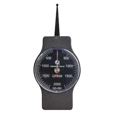 Jonard GD-200 analog dynamometer gauge with dial, two handles and carrying case