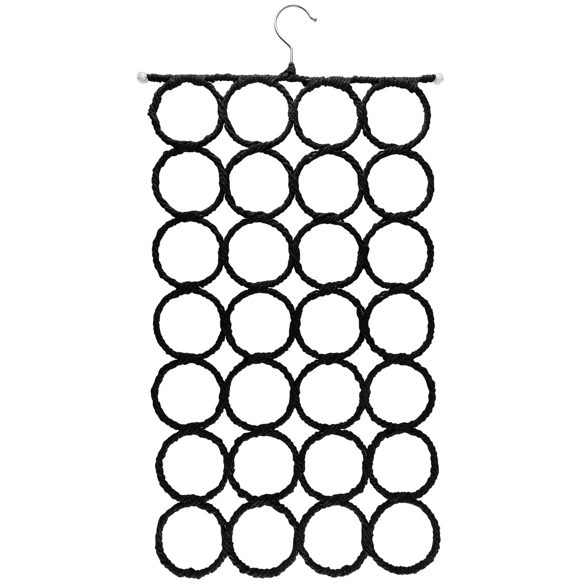 Foldable black closet organiser with 28 ring slots, steel frame and pastel rattan yarn, 39x74cm