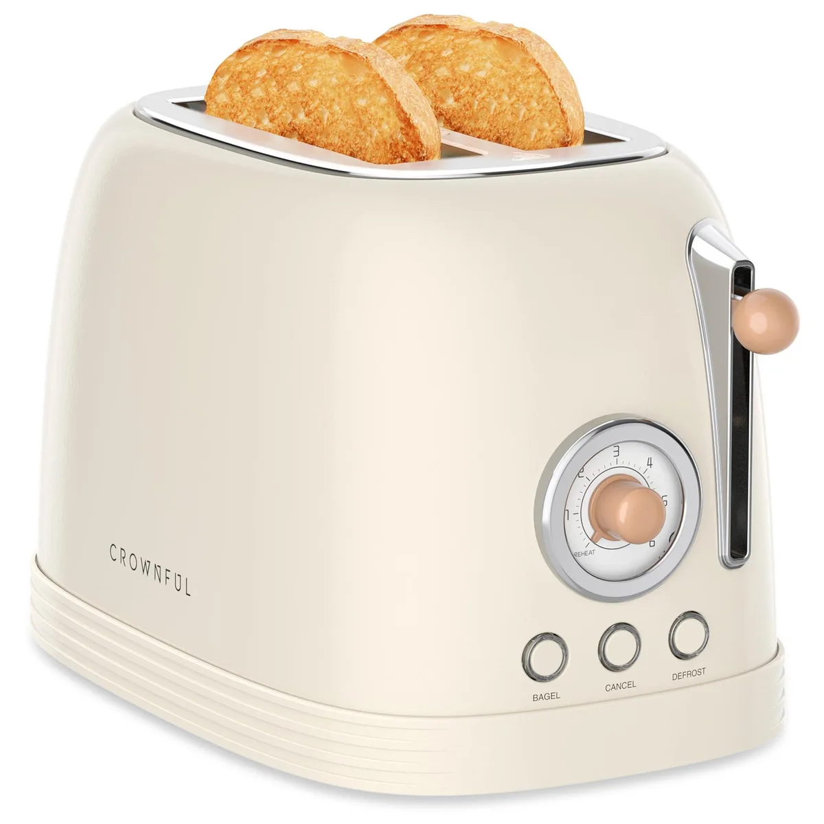 Cream two-slice toaster with wide slots and stainless accents