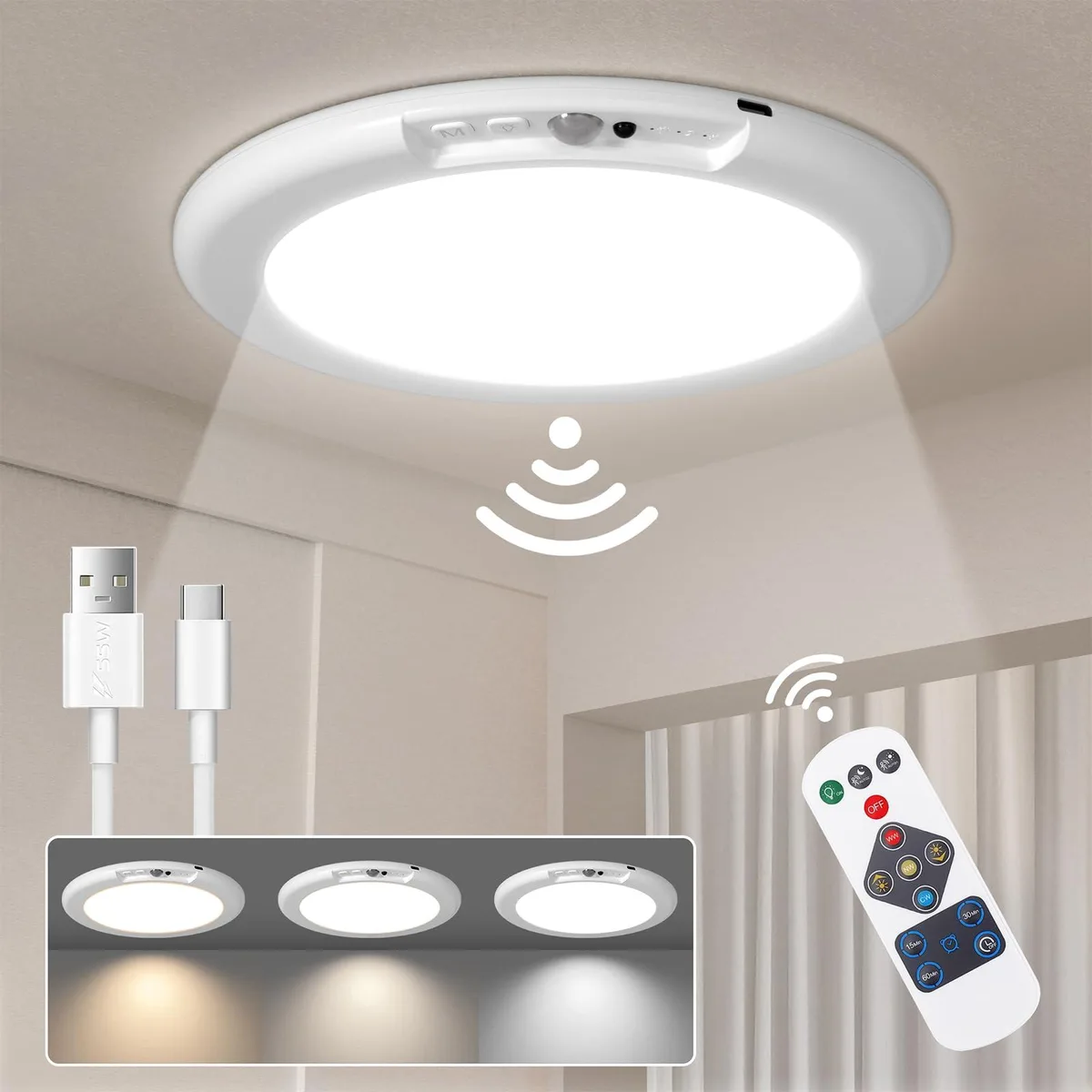 Round white 7.5 inch flush-mount LED ceiling light with magnetic base and remote control