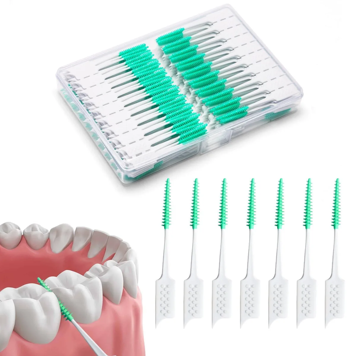 Box of 200 green interdental brushes with silicone bristles