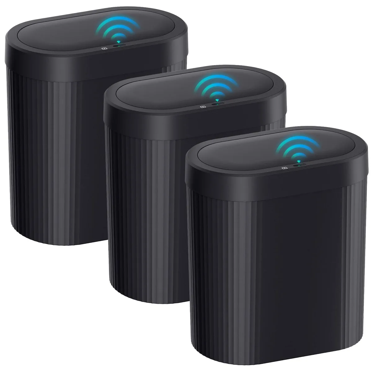 Three white slim touchless trash cans with automatic lids