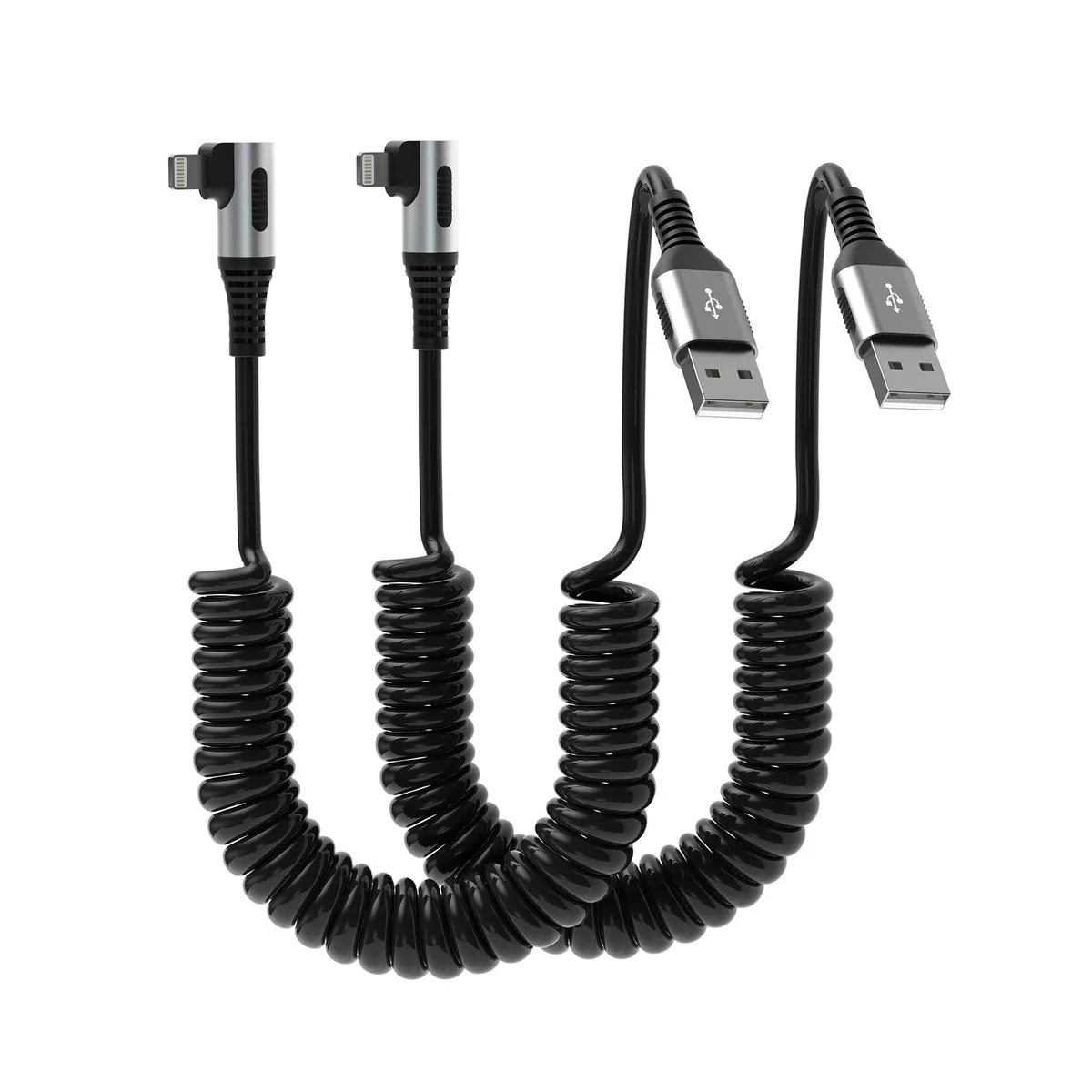 clickfish CF-USB-06 90° Coiled Lightning Cable 2 Pack Black 1.5–6 ft 2.4 A 480 Mbps — product photo