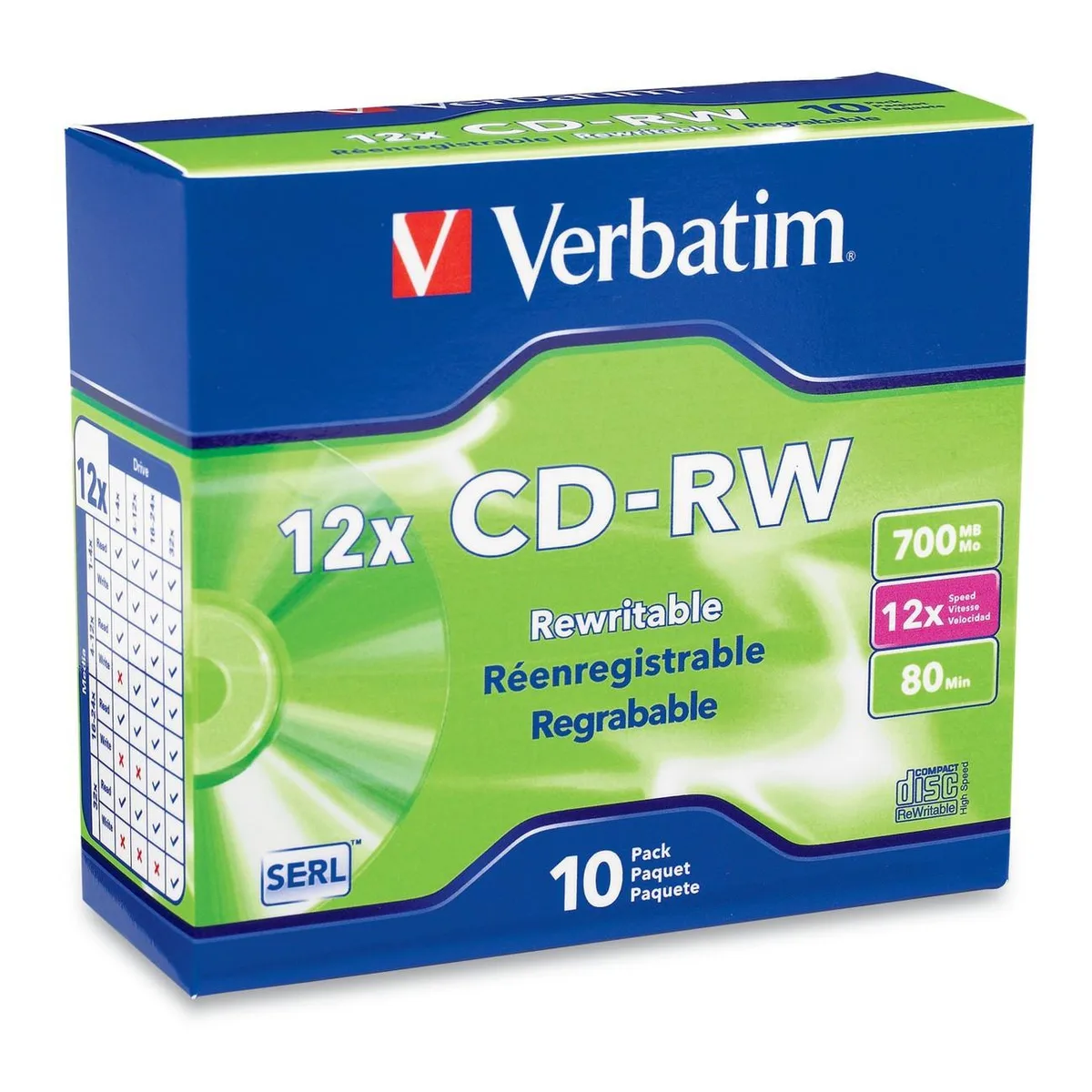 VERBATIM Verbatim 95156 700MB 12X CD-RW 10-pack blu-ray media — product photo