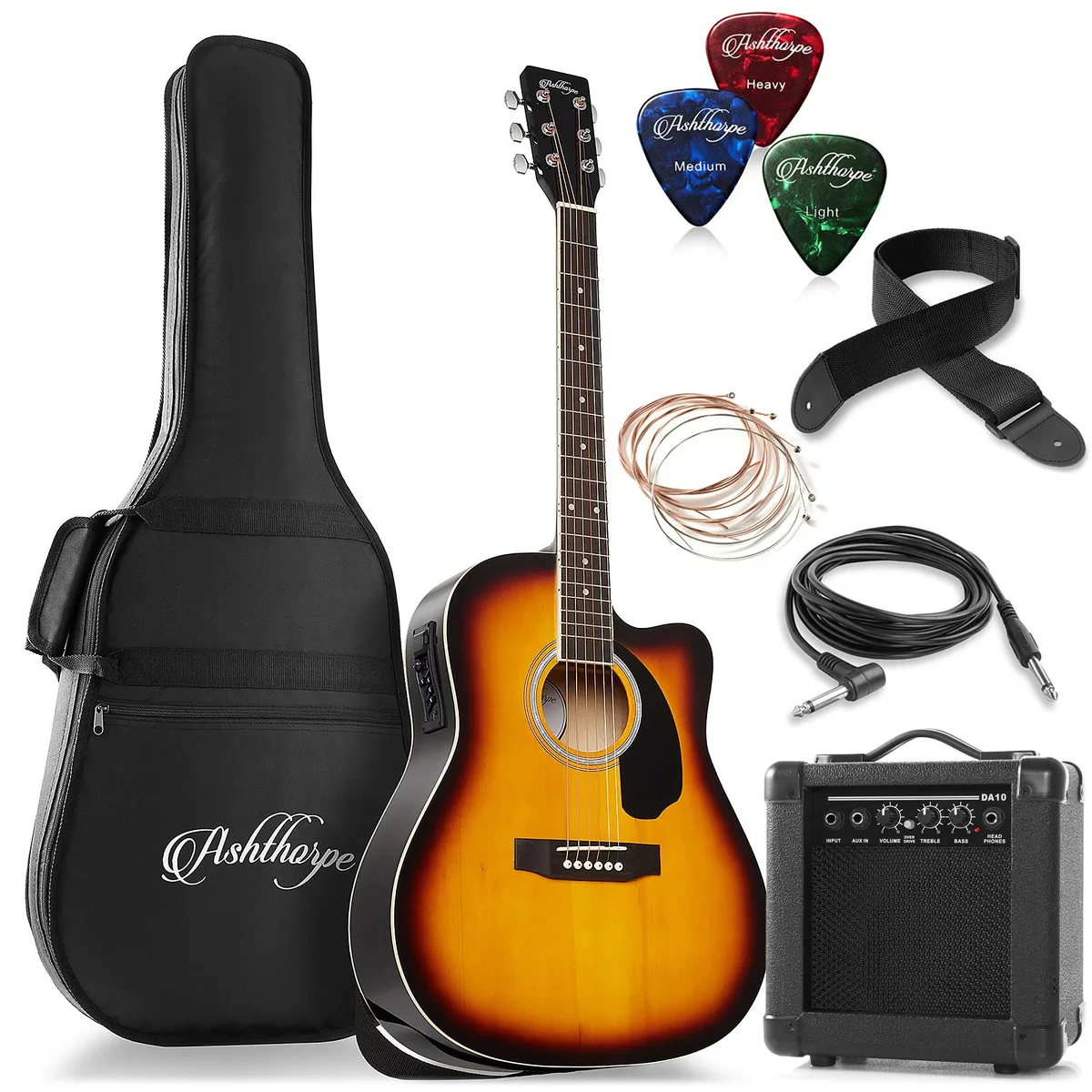 Ashthorpe Ashthorpe 41" Dreadnought Cutaway Acoustic-Electric Guitar Package 10W Amp Sunburst — product photo