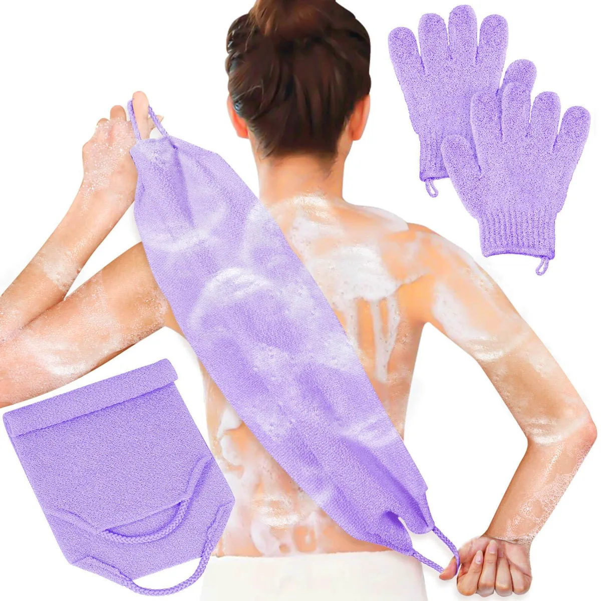  anezus Exfoliating Bath Gloves Set Purple 3 Pack — product photo