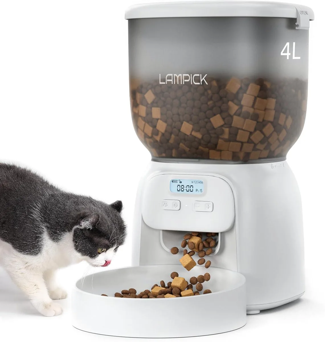 White cylindrical automatic pet feeder with translucent hopper, digital display and angled food outlet