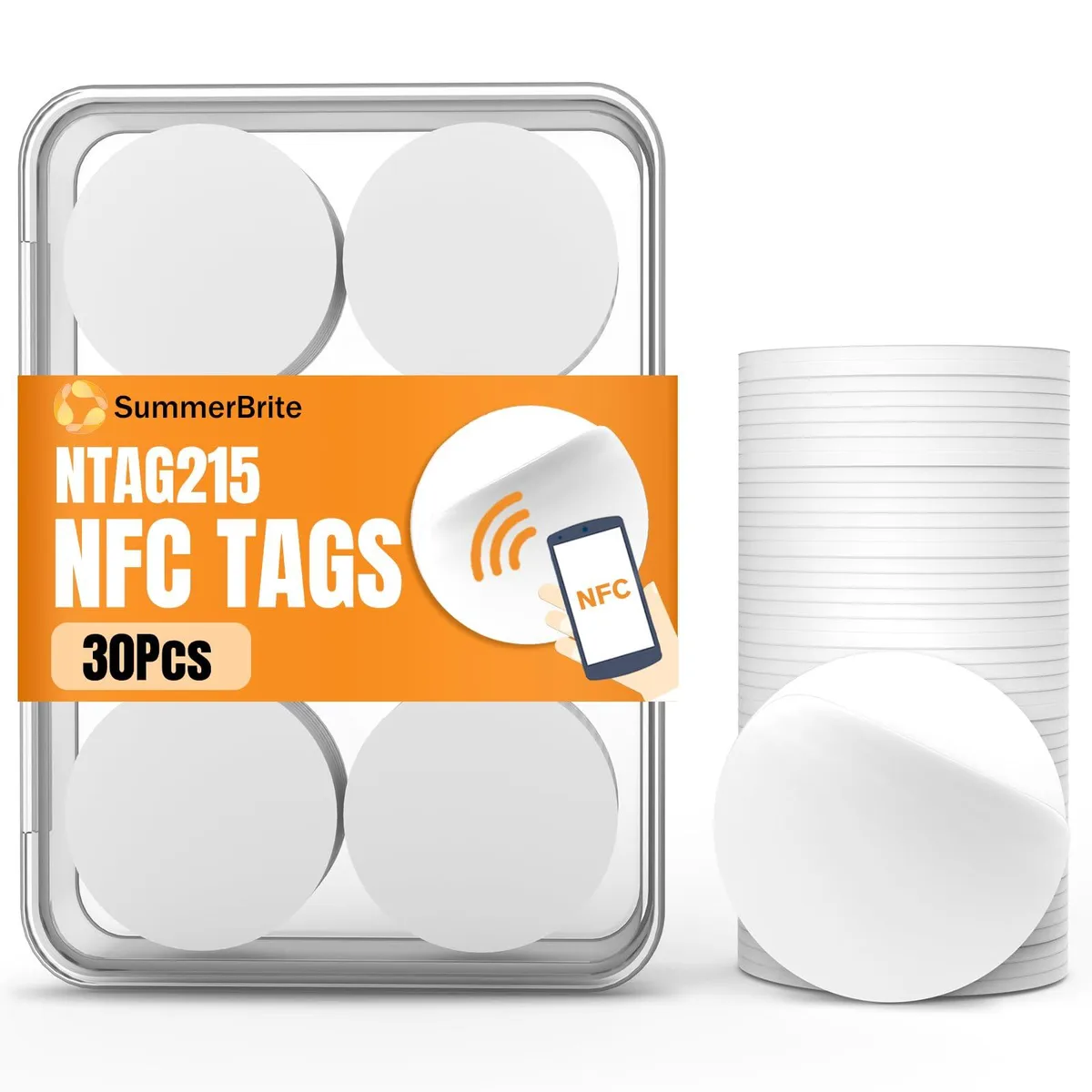 Thirty white oval adhesive NFC stickers on a sheet