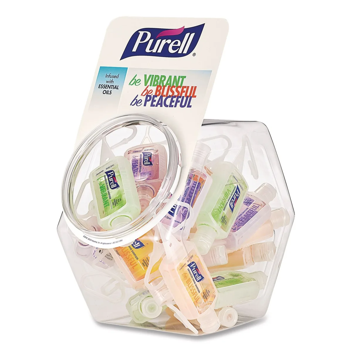 Twenty-five clear 1 oz flip-cap bottles in assorted scents inside a display bowl