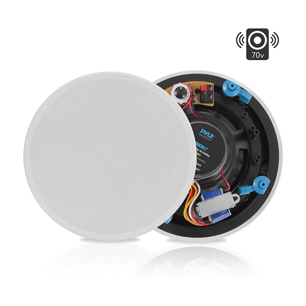 White round 8-inch in-ceiling speaker with removable magnetic grille, flush-mount design