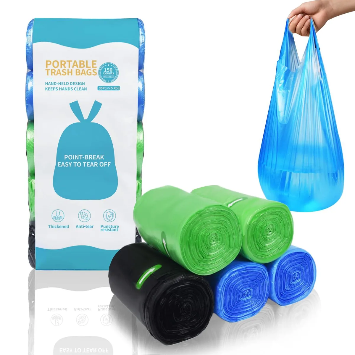 A green roll of small handled trash bags, polyethylene, 150 count