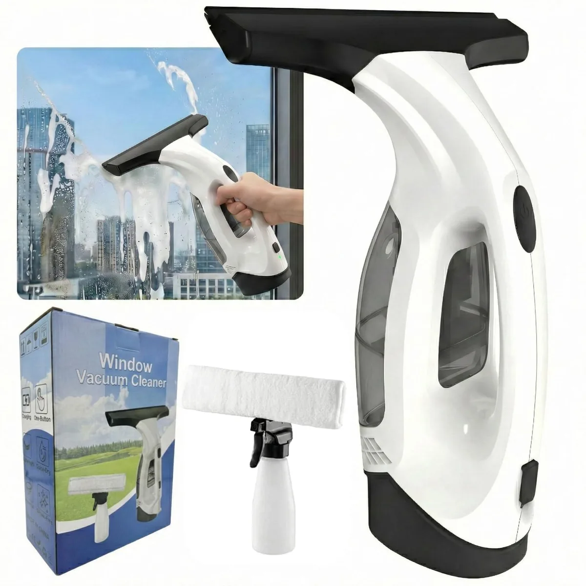 Blue cordless window vacuum squeegee with 280mm blade, transparent 150ml tank and spray bottle