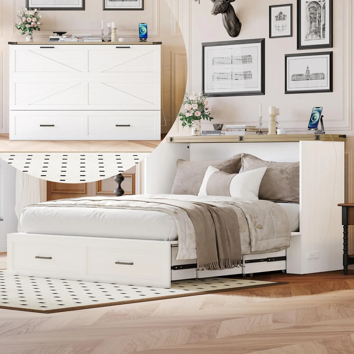 White wooden cabinet bed with charging station and storage drawer