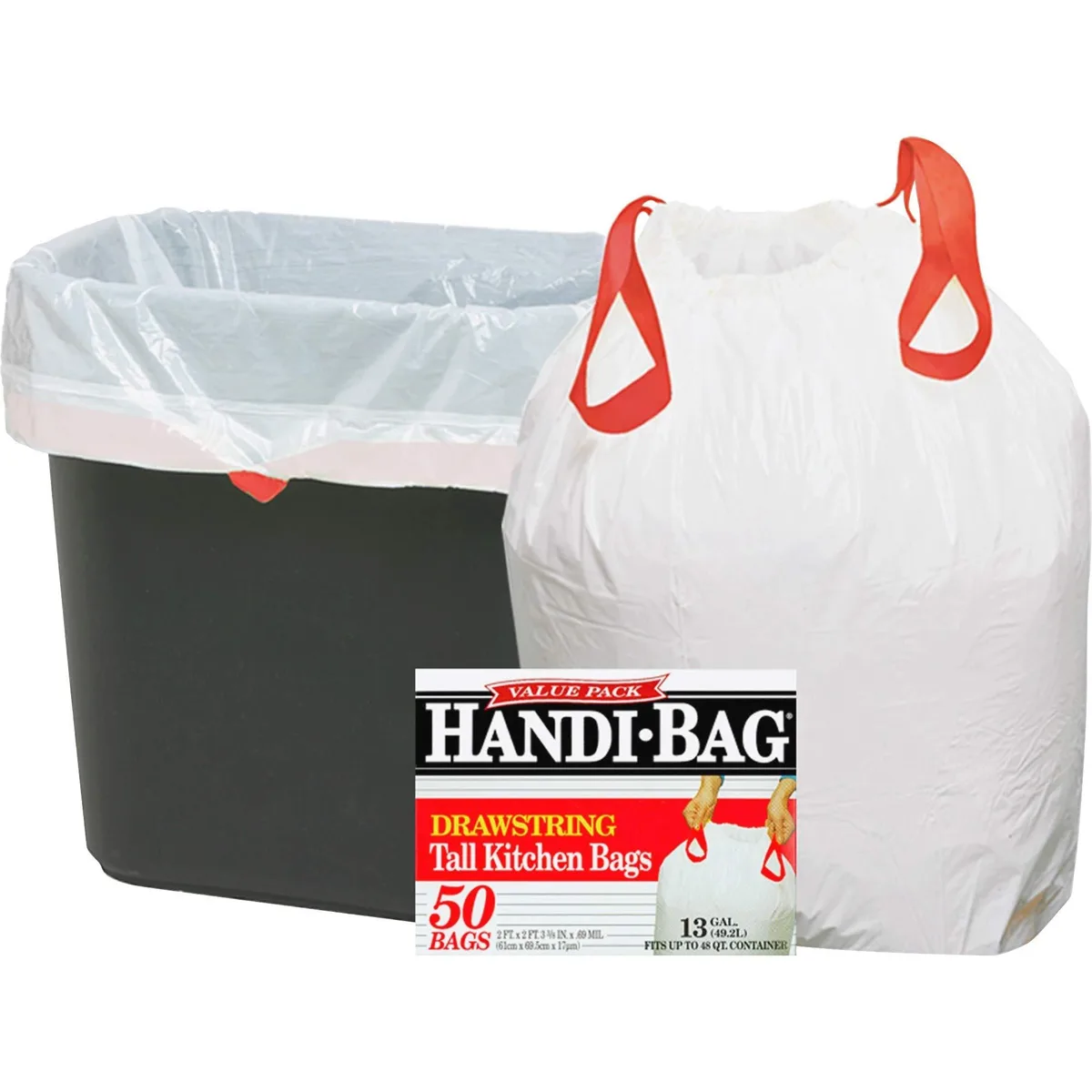 White plastic kitchen bag roll, 50 count, drawstring closure