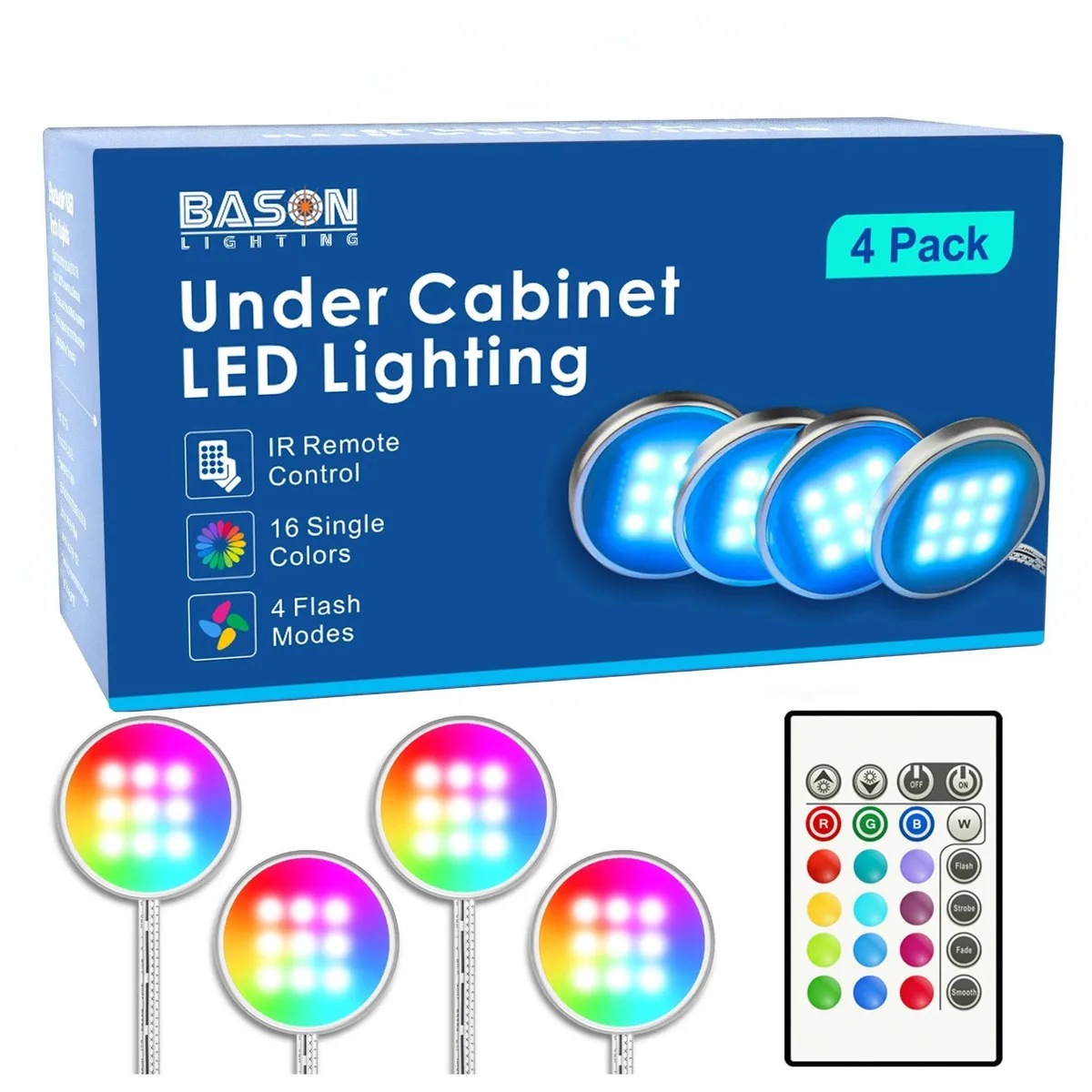 Four small round plastic puck lights with blue finish, wired together with a splitter and power adapter