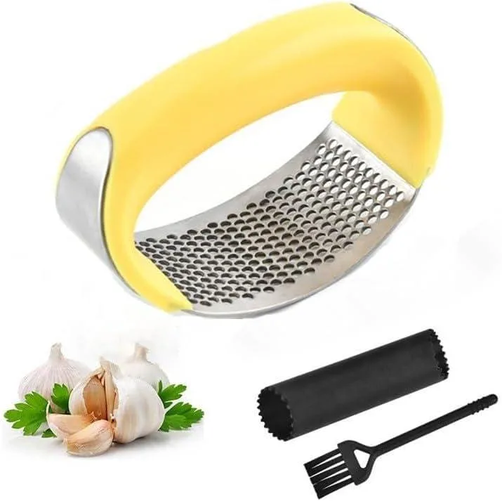 Eight-piece silver cooking utensil set with garlic press rocker, silicone peeler and brush