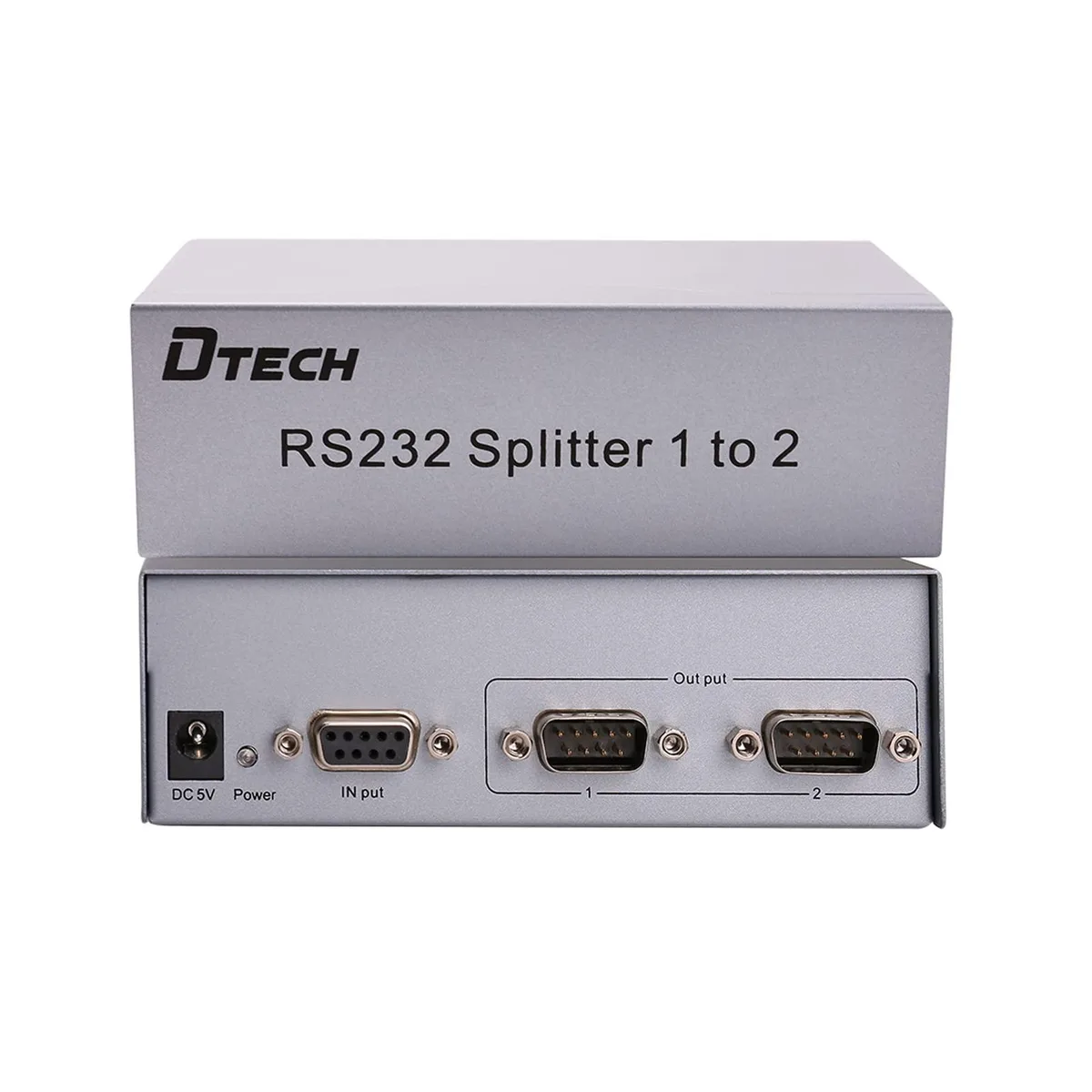 Compact beige box with two serial ports and power adapter, 5.12 by 2.95 by 1.61 inches