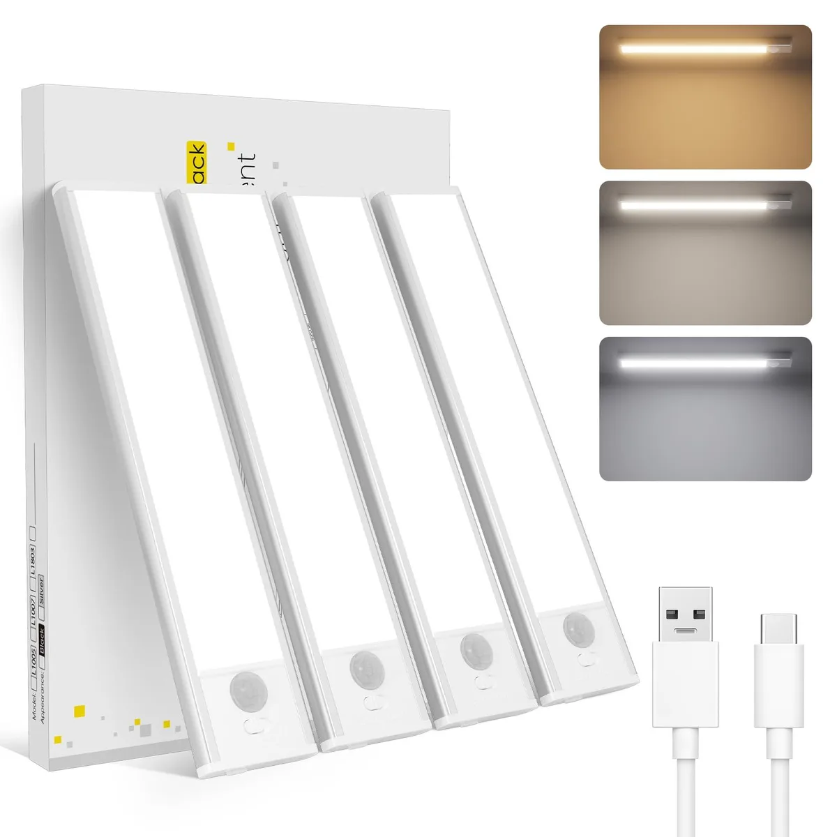 Four white 8-inch LED bars with clear prismatic covers, magnetic backs, USB-C cords and adhesive plates