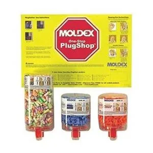 Clear plastic wall-mounted tray holding fifty pairs of earplugs