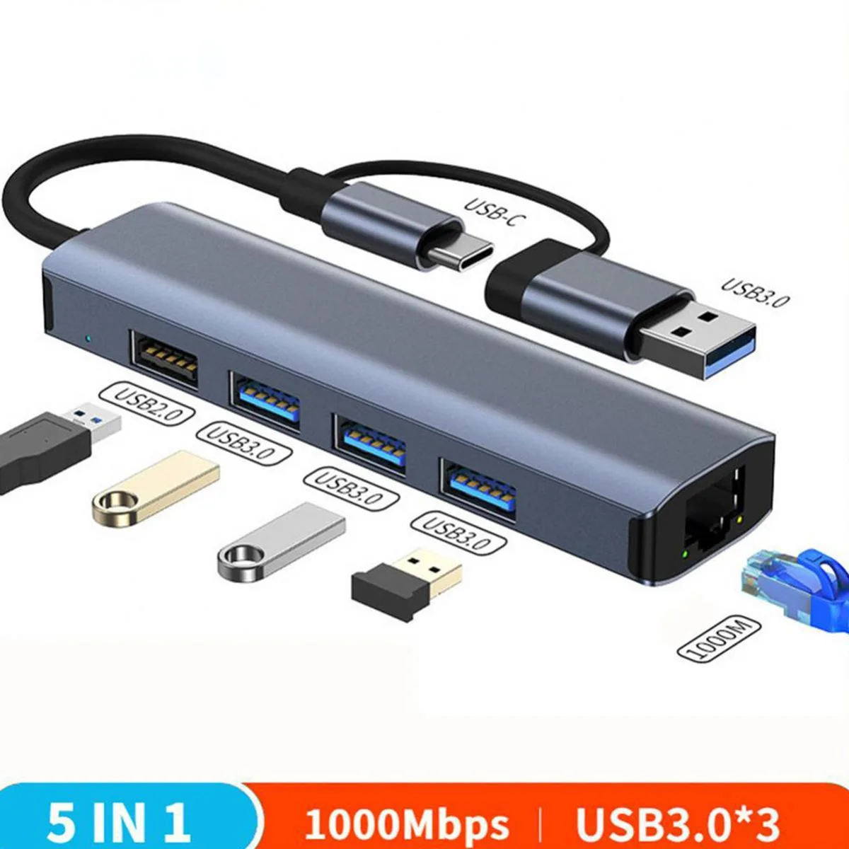 WRIARICH WRIARICH USB-C &amp; USB 3.0 to Ethernet Adapter 5-in-1 Hub Gray 13.5 cm — product photo