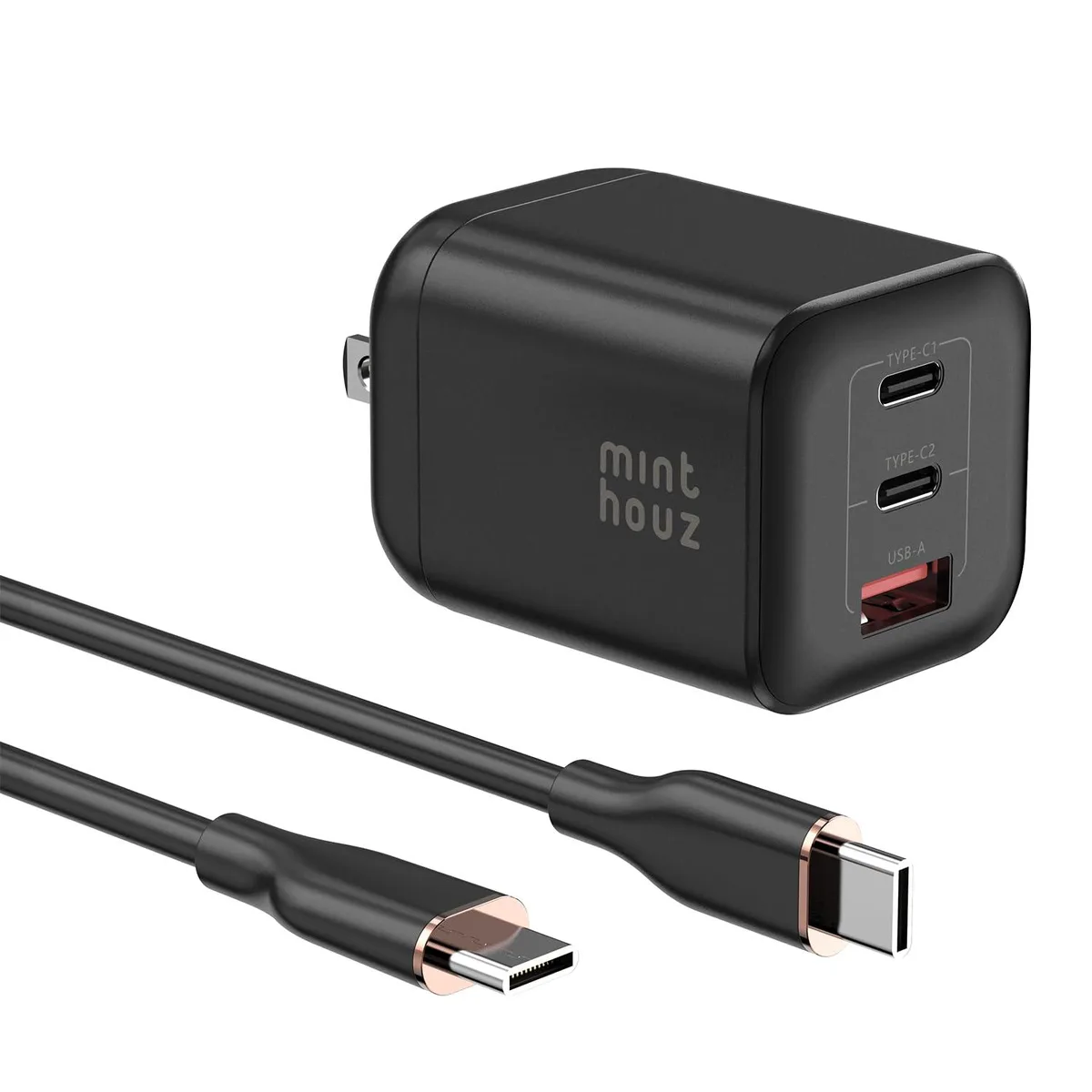 Compact white GaN charger with two USB-C and one USB-A port plus 3.9FT cable