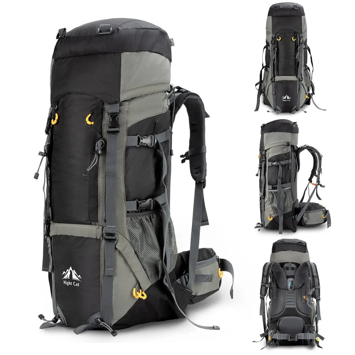 Black 90L internal-frame hiking backpack with padded straps and waist belt