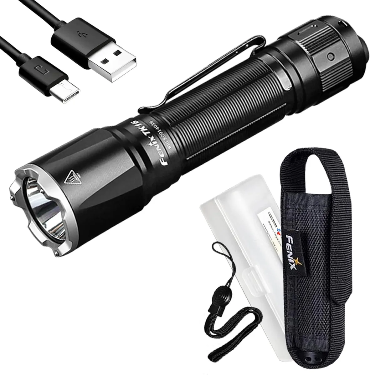 Black tactical flashlight with textured grip, USB-C port, dual tail switches and included holster organiser