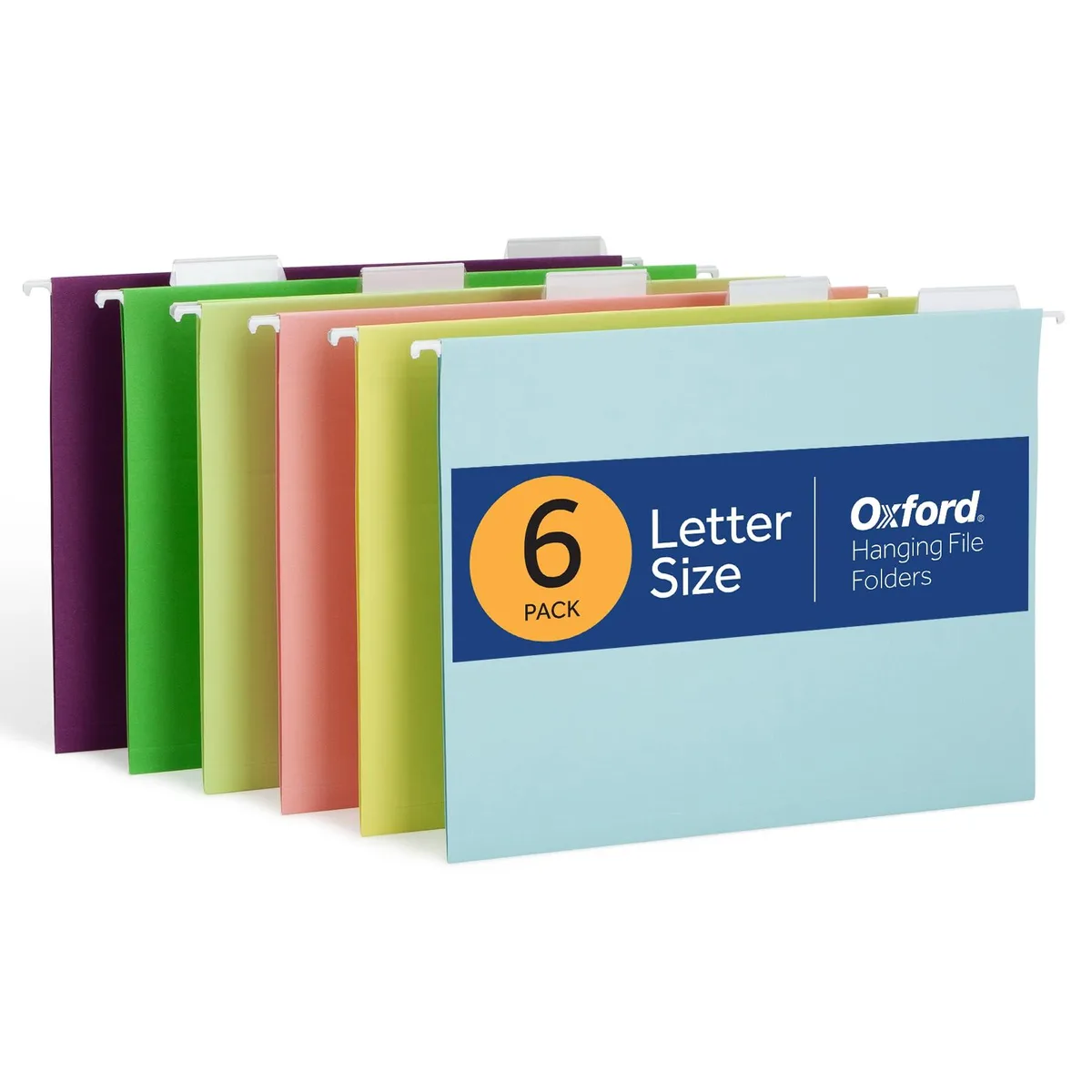 Six pastel hanging file folders with plastic tabs and inserts